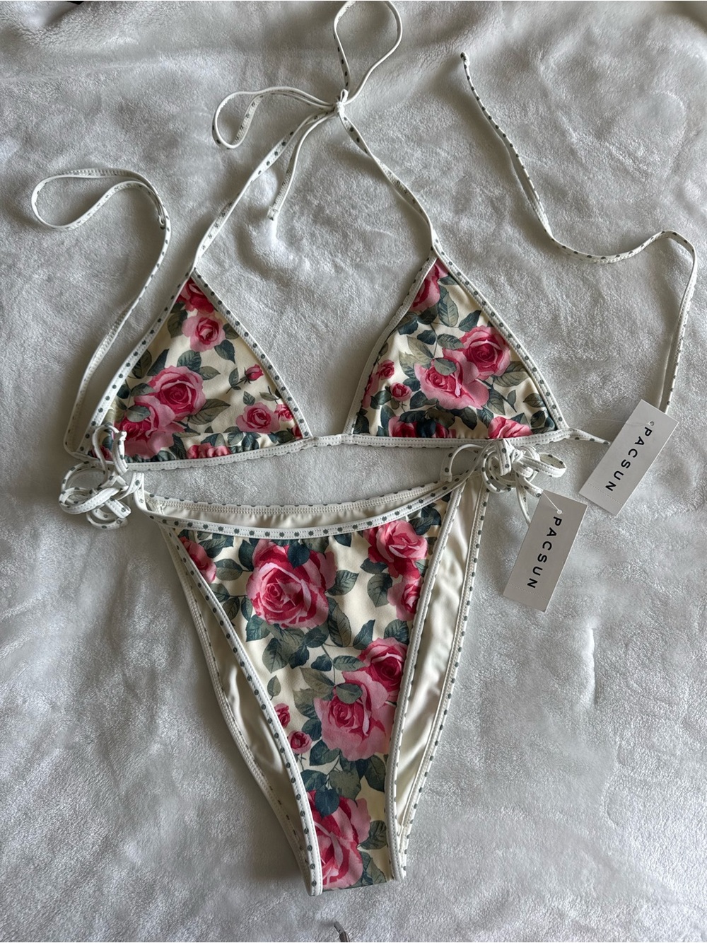 PacSun Cream Floral Triangle Bikini with Pink Roses